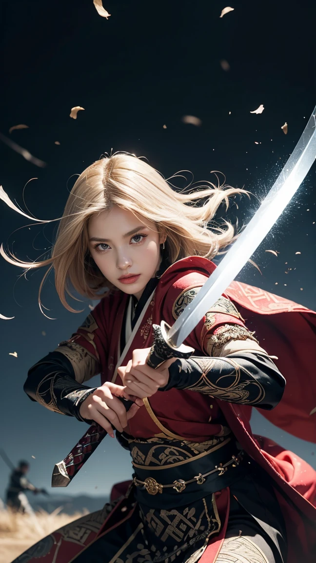 Illustrate Riven in her 'Valiant Sword' skin. She’s dressed in a noble, samurai-inspired armor with intricate patterns and flowing fabric. Riven is mid-action, executing her 'Runic Blade' ability, with her sword glowing with runic symbols and energy pulsing through the blade as she swings it with precision.