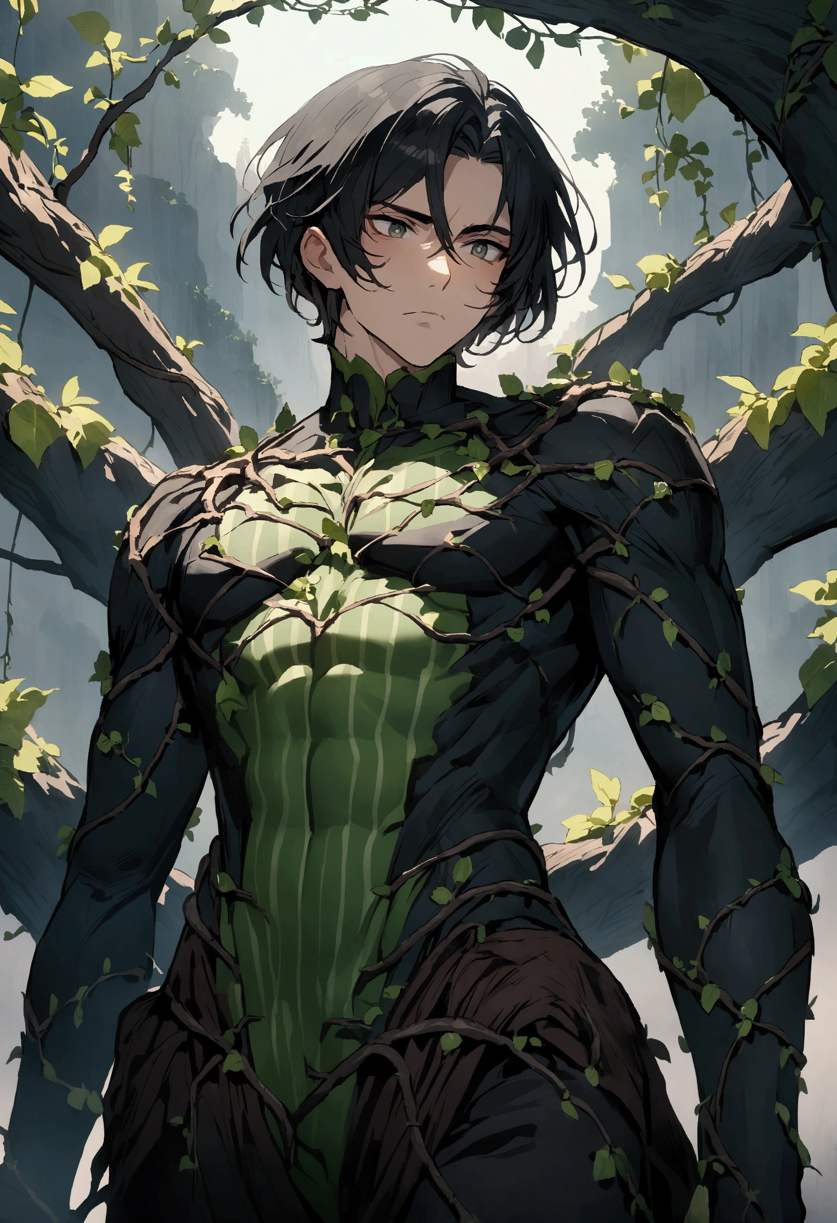Anime male characters，Has long black hair，There are green stripes on it，There are branches or vines on the body