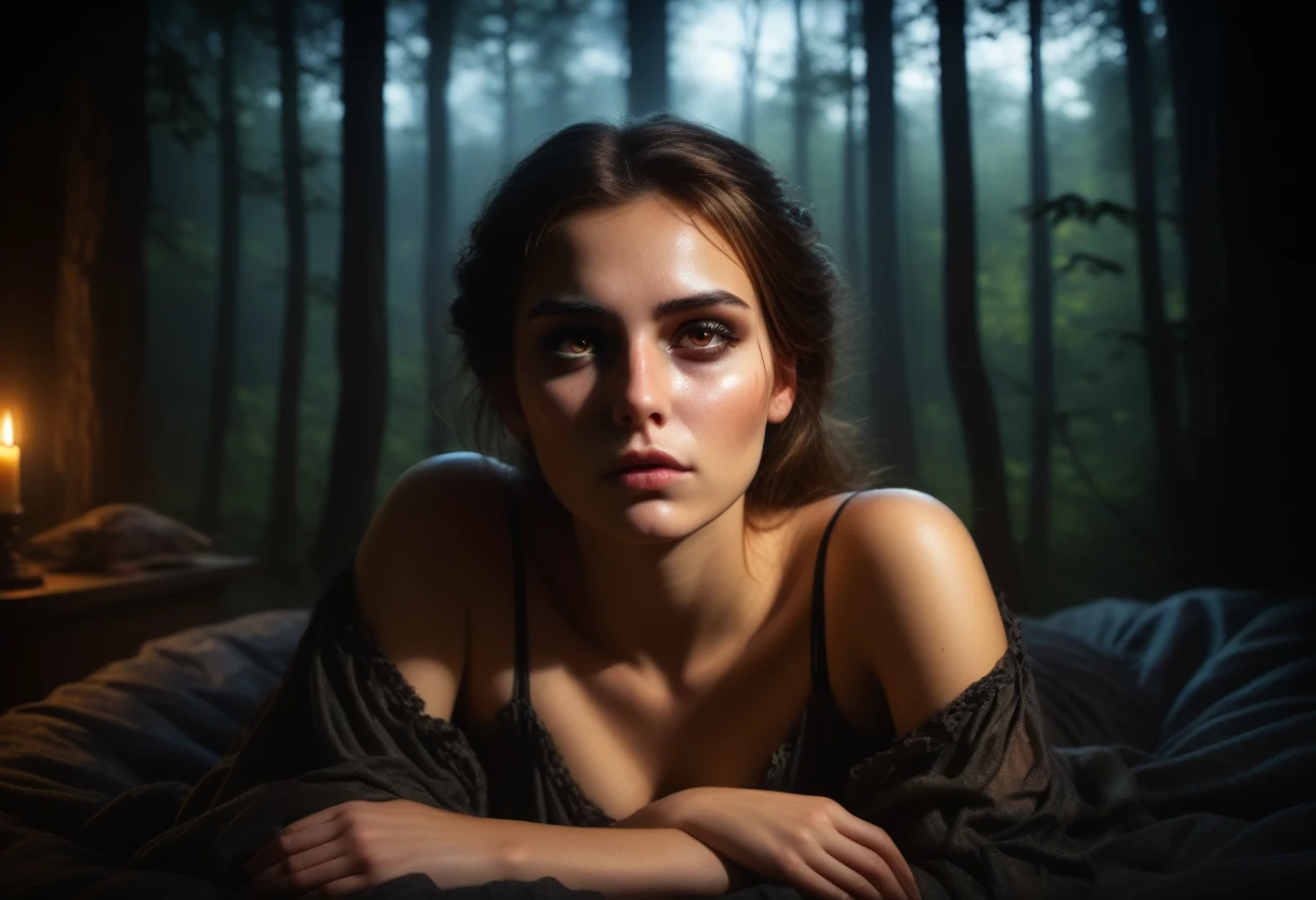 Beautiful young woman with sleepy smoky eyes ,
comfortable, Lying in a room with a dark art view of the forest , Dim Light, Rim Light, Dark Shadows, Dramatic lighting,