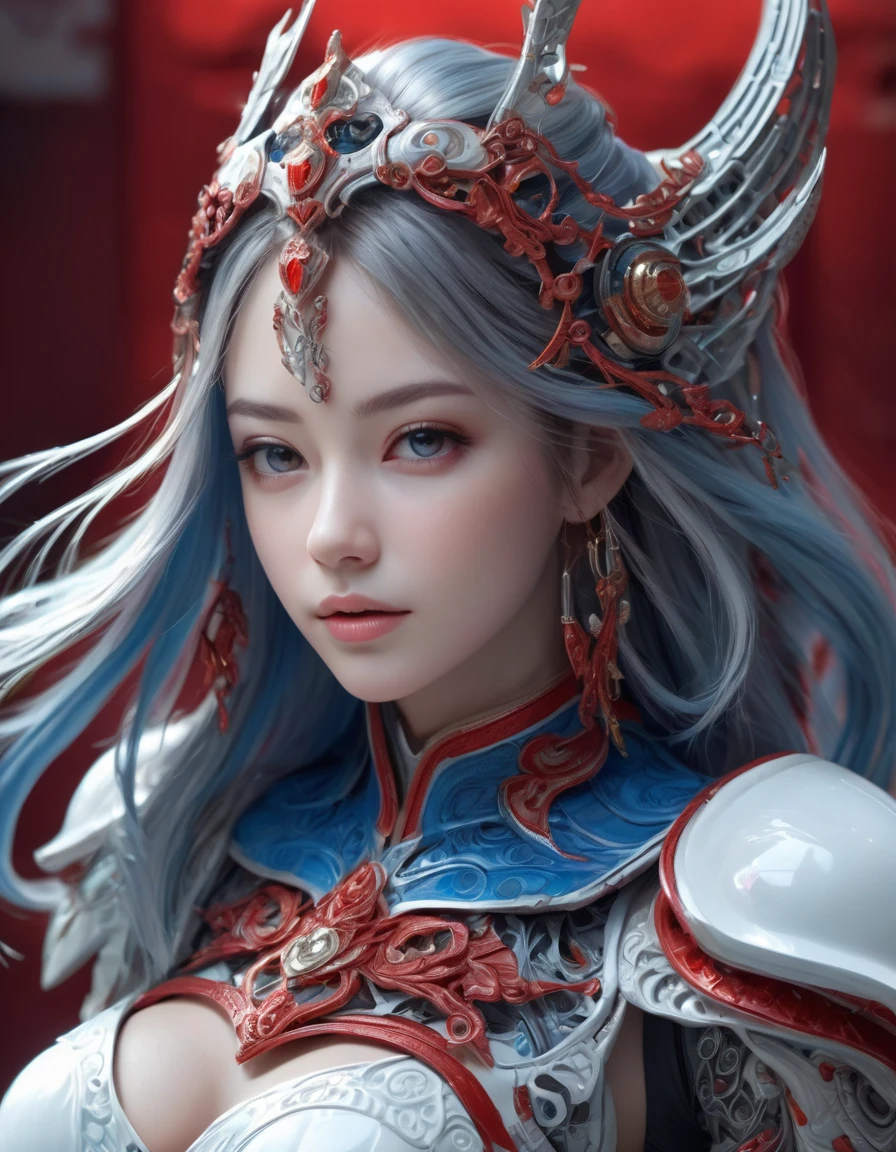 front_view, masterpiece, best quality, Realistic, original photo, (1 girl, looking at viewer), long hair, Machine White Plate, Complex armor, Delicate blue filigree, intricate filaments, red metal parts, Details, dynamic poses, Detailed Background, Dynamic lighting,