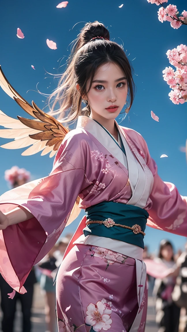 Draw Riven in her new 'Spirit Blossom' skin, featuring a mystical, kimono-like outfit with floral patterns and ethereal blue accents. Riven is performing her 'Broken Wings' ability, with spirit energy and cherry blossom petals swirling around her as she gracefully moves through her combo.