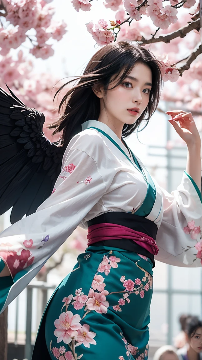 Draw Riven in her new 'Spirit Blossom' skin, featuring a mystical, kimono-like outfit with floral patterns and ethereal blue accents. Riven is performing her 'Broken Wings' ability, with spirit energy and cherry blossom petals swirling around her as she gracefully moves through her combo.