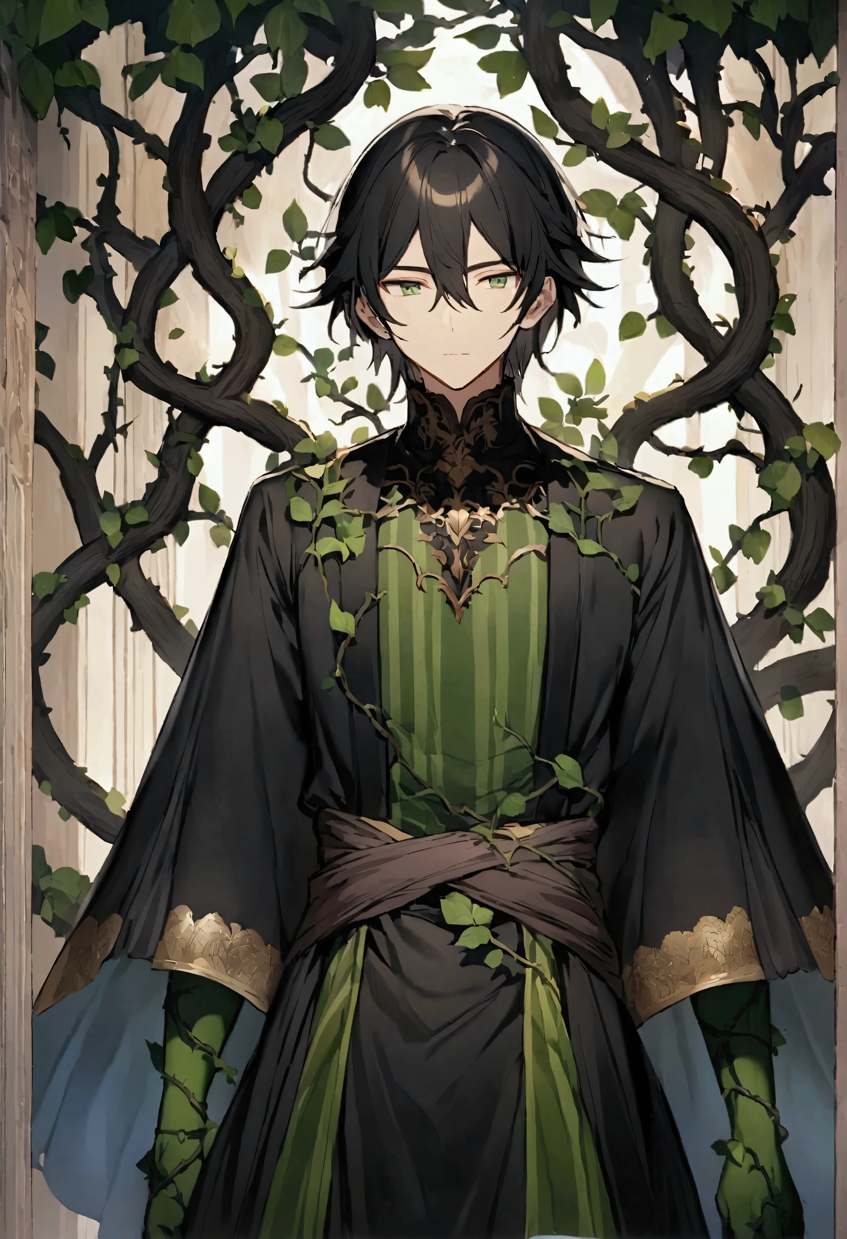 Anime male characters,Has long black hair,There are green stripes on it,There are branches or vines on the body