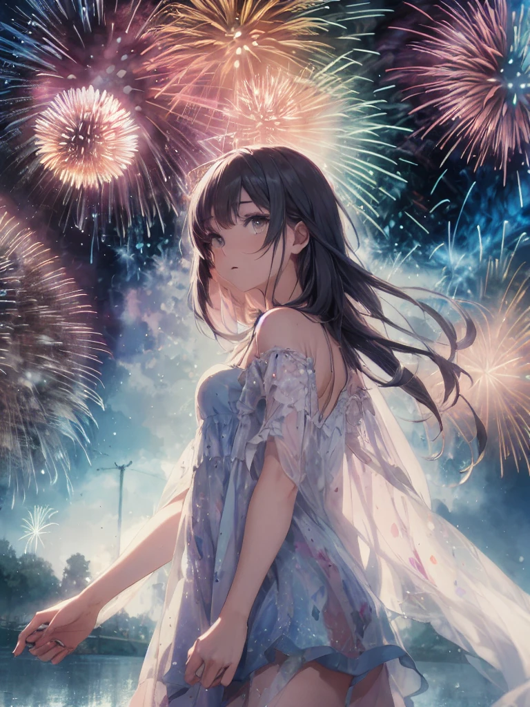 Absurd, High resolution, Super detailed, (One guy and one girl:1.3),(firework:1.4)
break
, Watercolor style, Soft Blending, dreamy washes, Delicate texture,
break
, Painting semi-transparent watercolors, Delicately colored, A subtle blend, Airy, Dreamlike quality.
break
, Bokeh Photo, Soft Focus, Out of focus highlights, Dreamy atmosphere, Glowing circle, Fascinating Depth