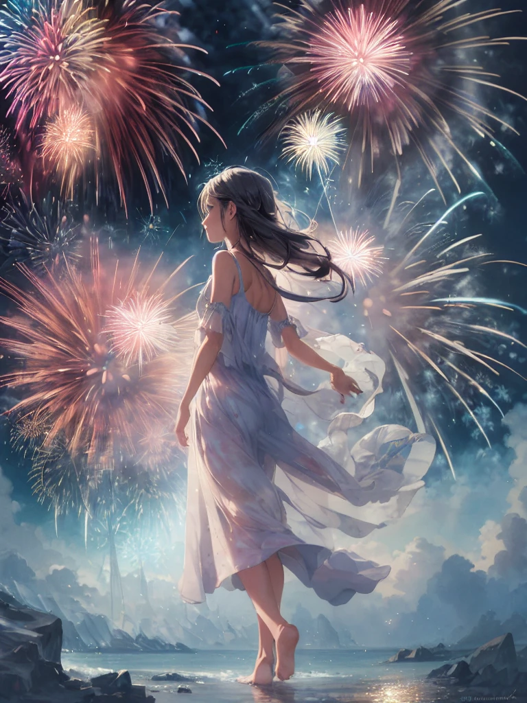 Absurd, High resolution, Super detailed, (One guy and one girl:1.3),(firework:1.4)
break
, Watercolor style, Soft Blending, dreamy washes, Delicate texture,
break
, Painting semi-transparent watercolors, Delicately colored, A subtle blend, Airy, Dreamlike quality.
break
, Bokeh Photo, Soft Focus, Out of focus highlights, Dreamy atmosphere, Glowing circle, Fascinating Depth