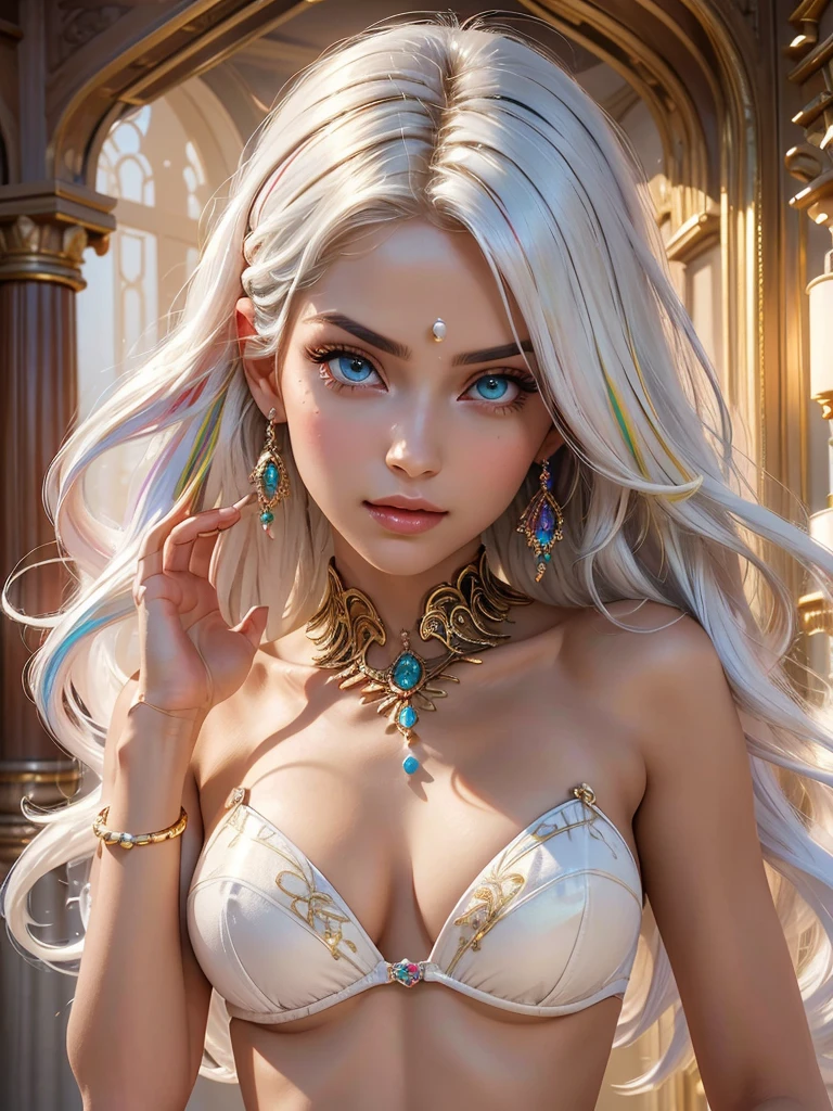 (((multicolored hair, [White hair])))), ultra Realista 8k cg, rosto ideal, ideal, clean, piece of art, professional art, Famous Art, cinematic lighting, Cinematic Flower, rosto ideal, Beautiful face, beautiful eyes, (((corpo feminino ideal, slim waist))), Beautiful Queen, Real, divine, goddess, (Real paincome), Fantasy, dream like, irReal, Science fiction, (huge breasts), beautiful clothes, income, income trim, income legwear,  nsfv, chest out, absurdly long hair, Very long hair, (rico: 1.4), prestige, lux, joy, diamond, gold, pearl, gem, sapphire, Ruby, Esmeralda, complex part, delicate pattern, sensual, charming, seductive, seductive, Erotic, charming, hair ornament, neckincome, toys, bracelet, clamp, I look at the viewer,