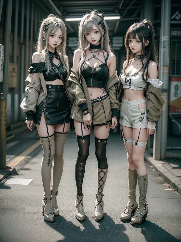 (Three Girls, 3 girls:1.5)、(Full Body View:1.2)、(Smiling with teeth showing:1.3),(Shibuya Gal:1.5)、(Beautiful gravure model:1.5)、(Neo-goth fashion:1.5)、(Punk RockVisual Kei:1.5)、(An off-the-shoulder hoodie in olive and beige colors, adorned with delicate silver accessories.:1.5)、(Beige and white corset with delicate design:1.4)、(Olive and white snakeskin bodysuit:1.5)、(head band:1.3)、(Beige and olive knee socks:1.4)、Embellished collar and long boots、(I'm selling snake print underwear.:1.4)、(Long eyelashes:1.3)、(20-year-old)、((Highest quality、8k、masterpiece:1.3))、Slim and beautiful abs:1.3、(hairstyle casual、Beautiful boobs:1.1)、(Doing an aerobics pose:1.3)、dress:1.1、Super small face、Narrow eyes、double eyelid、A sloppy smile、Esbian all over body、Dynamic Angle、Close-up、CPL Filter、Blurred Background、Bokeh、Blue Hour、Detailed face and skin texture、Detailed eyes、,(Twin tails:1.3)、(Black brown hair:1.3)、Gravure idol、(The background is a bright and glamorous fashion show stage.:1.3)、(Make your legs thinner:1.4)、(Slim Body:1.3)、(clavicle:1.1)