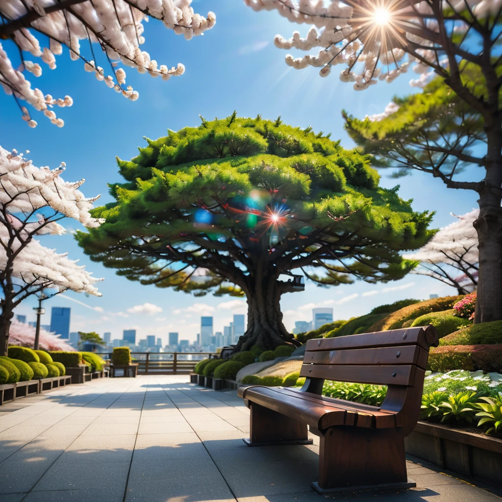 (nobody), unmanned, nobody, landscape, 冬sky, Tokyo, garden, Tree, sky, bench, High-resolution details, Ultra Detailed, , Surrealism, Soft Light, Deep Focus Bokeh, Ray Tracing, Art station pixivgwise, Shinkai Makoto, Art bud