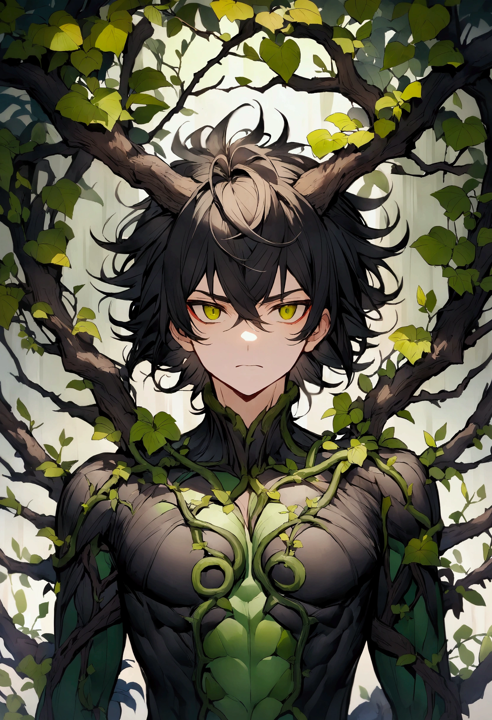 Anime male characters,Has long black hair,There are green stripes on it,There are branches or vines on the body