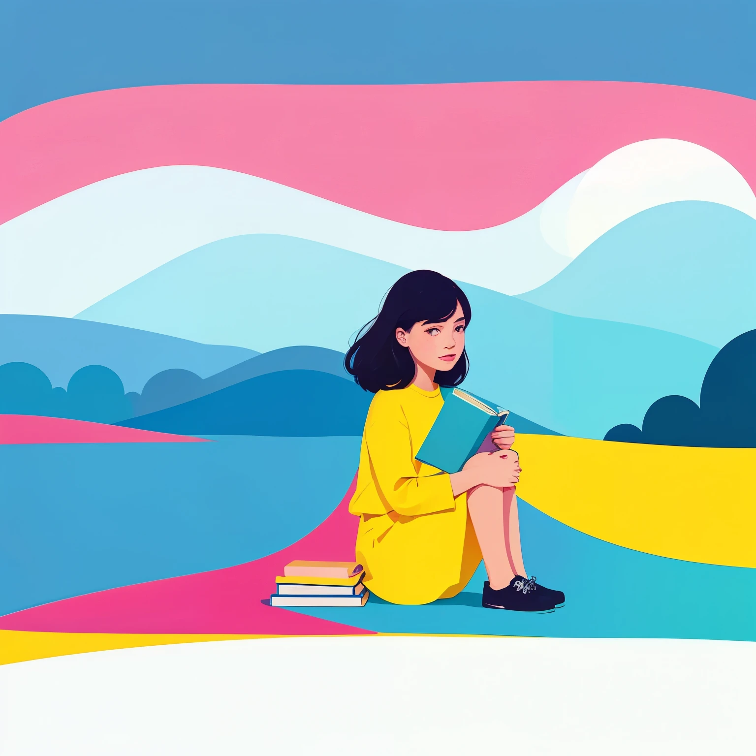 A girl sitting on the ground holding a book in her hand,High quality, high-definition,  bright color scheme ,colorful illustrationseditorial illustrations in pastel, James Gillard's style, flat style illustrations, digital style illustrations, magazine illustrations in modern style, 