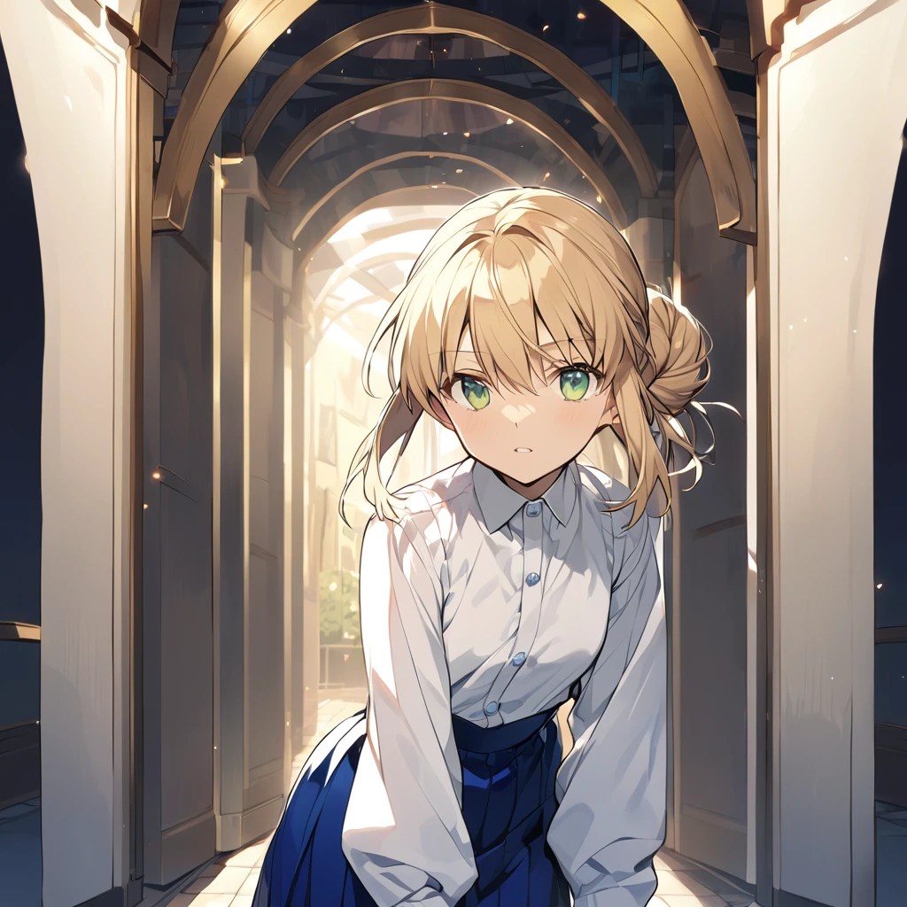 fate stay night, アルトリア・ペンドラゴン(blond hair, chignon hair, light green eyes, white blouse, blue skirt)