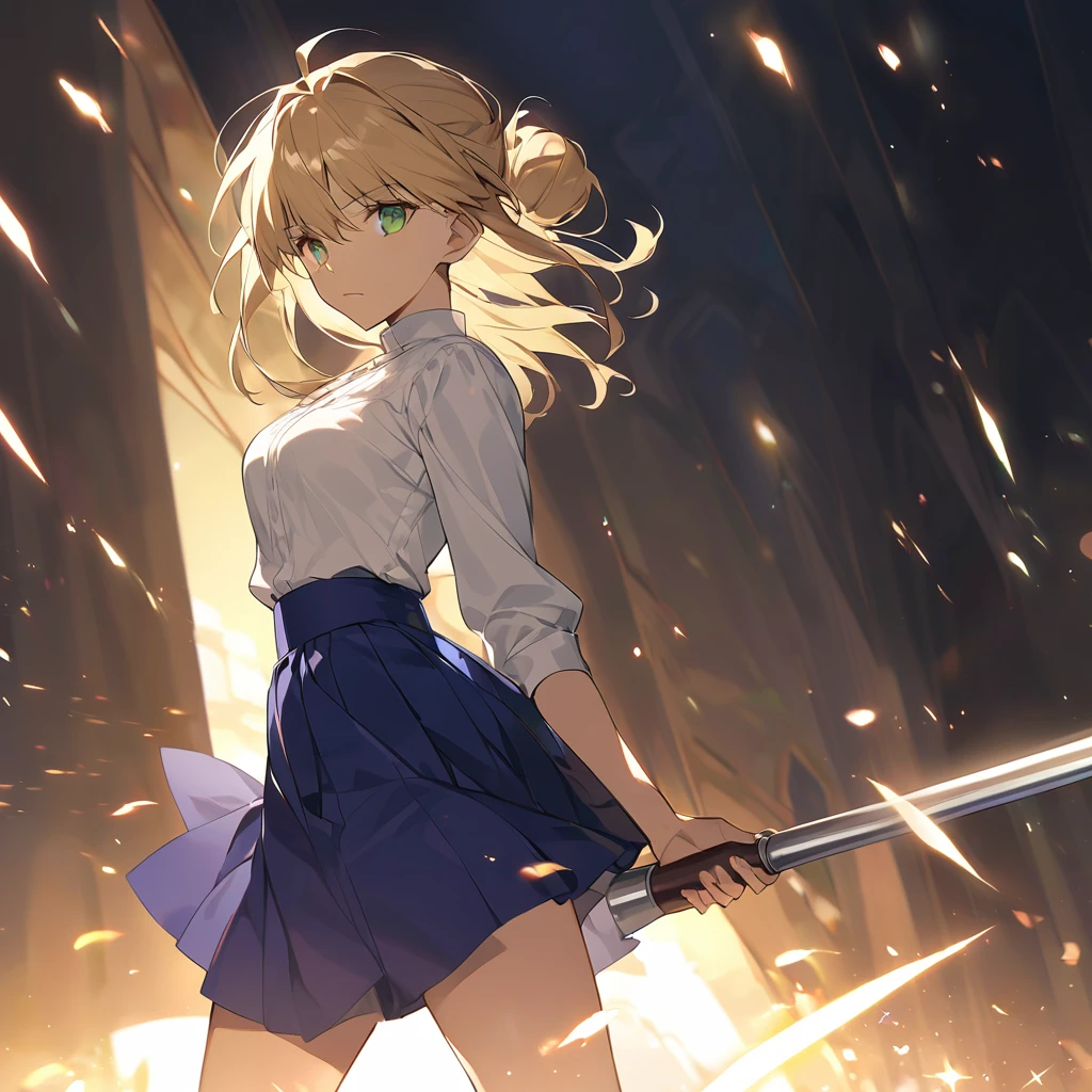 fate stay night, アルトリア・ペンドラゴン(blond hair, chignon hair, light green eyes, white blouse, blue skirt)