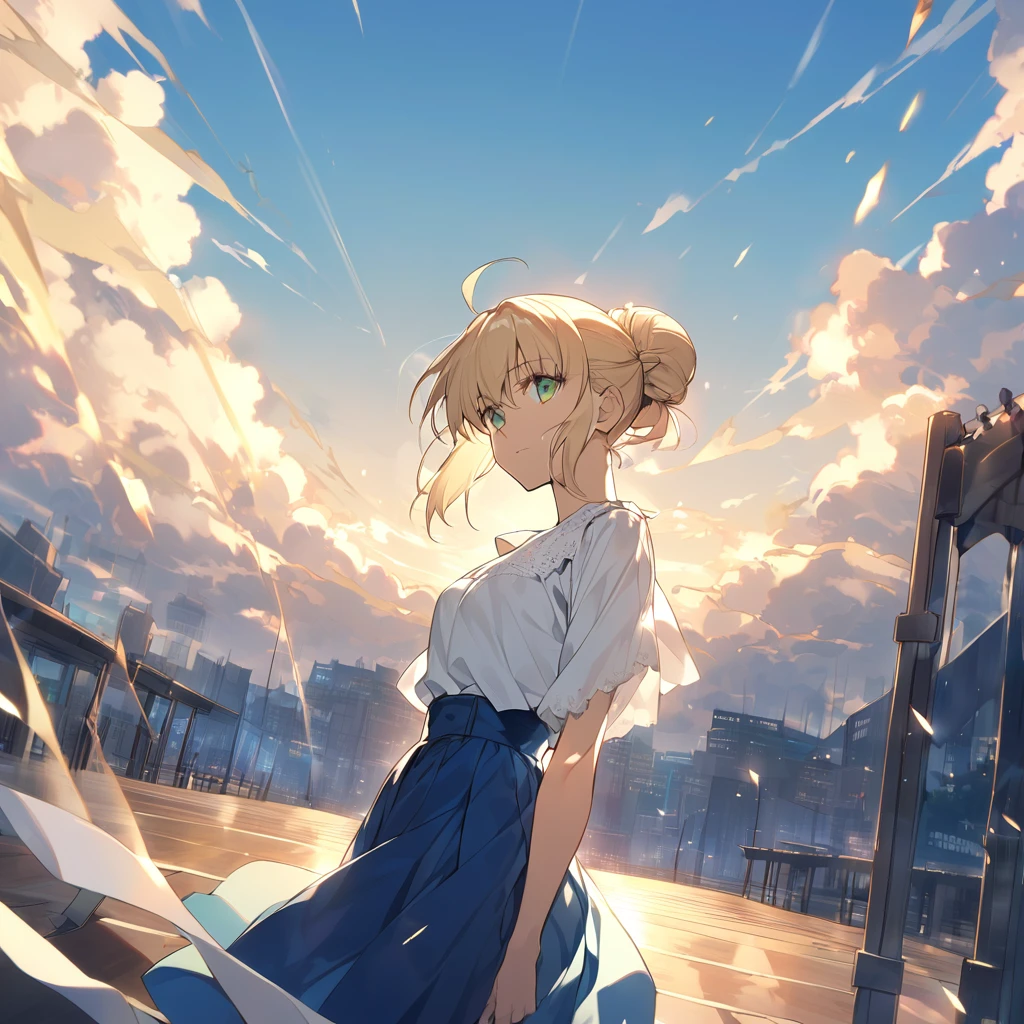 fate stay night, アルトリア・ペンドラゴン(blond hair, chignon hair, light green eyes, white blouse, blue skirt)