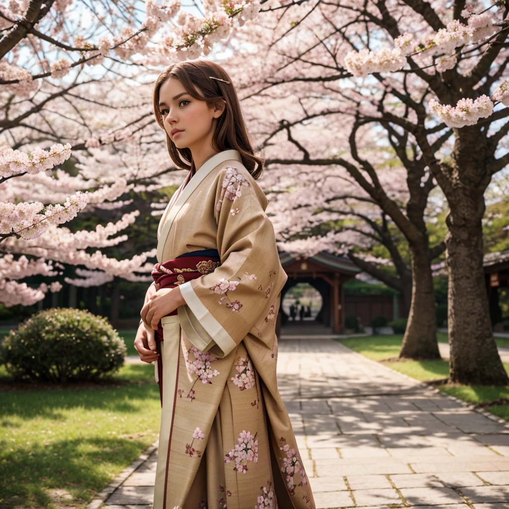 uhd, 4K, Ultra detailed, cinematic, beautiful girl, Brown hair, green eyes, Slavic heritage, slim,
blurred background,rim_world,frontworld,sideworld,Cherry blossom open, no other man, foreground, Gorgeous kimono, epic, beautiful worlding, inspiring, beige light background, cherry blossom