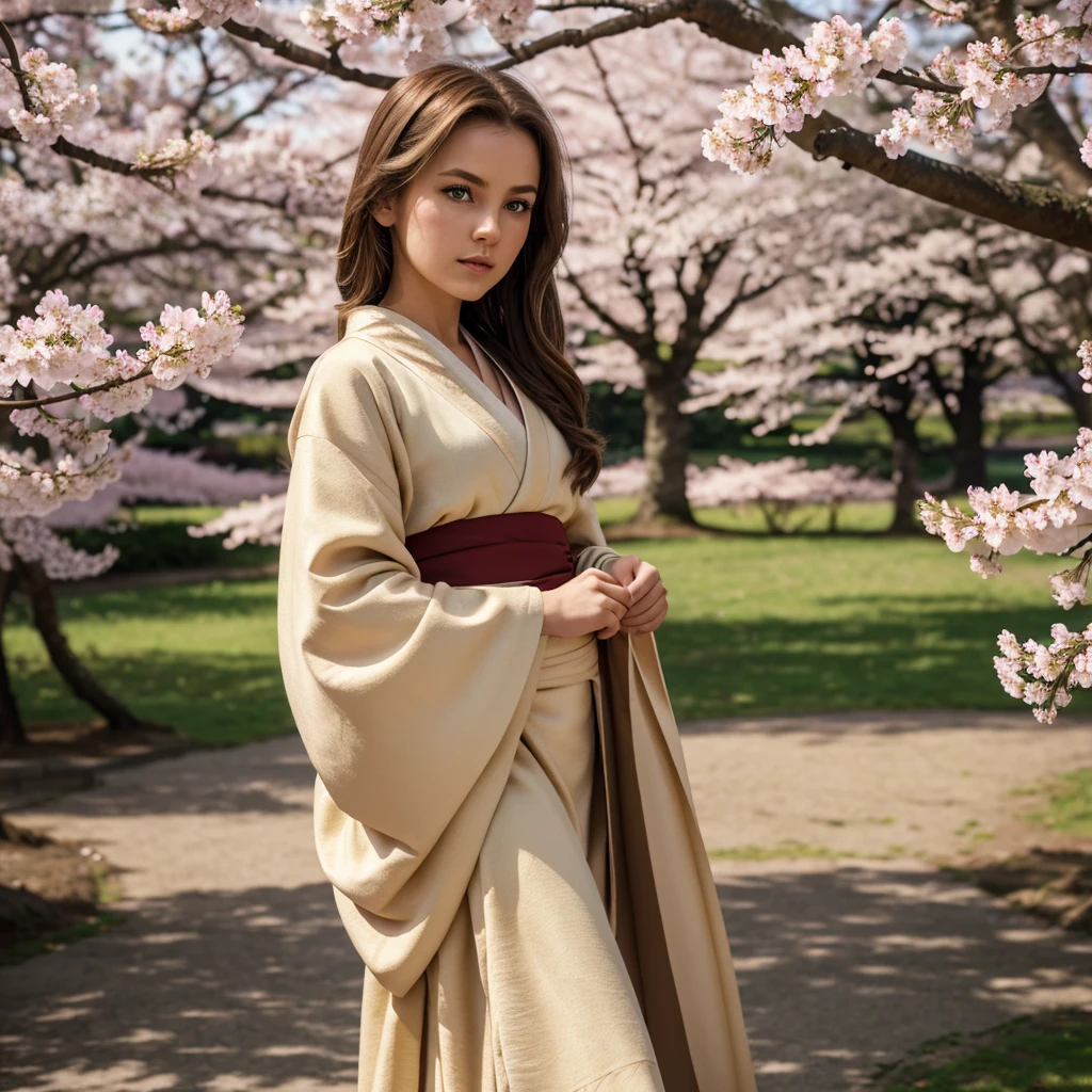 uhd, 4K, Ultra detailed, cinematic, beautiful girl, Brown hair, green eyes, Slavic heritage, slim,
blurred background,rim_world,frontworld,sideworld,Cherry blossom open, no other man, foreground, Gorgeous kimono, epic, beautiful worlding, inspiring, beige light background, cherry blossom