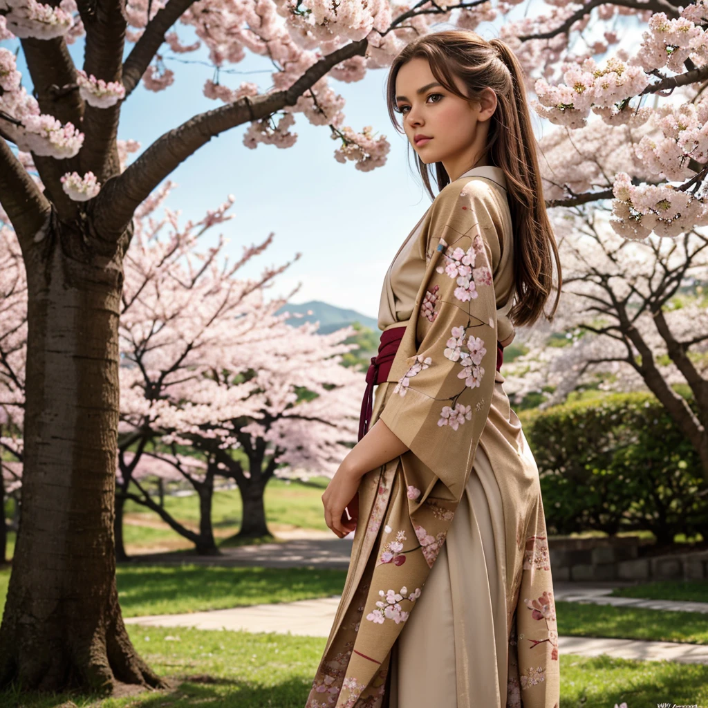 uhd, 4K, Ultra detailed, cinematic, beautiful girl, Brown hair, green eyes, Slavic heritage, slim,
blurred background,rim_world,frontworld,sideworld,Cherry blossom open, no other man, foreground, Gorgeous kimono, epic, beautiful worlding, inspiring, beige light background, cherry blossom