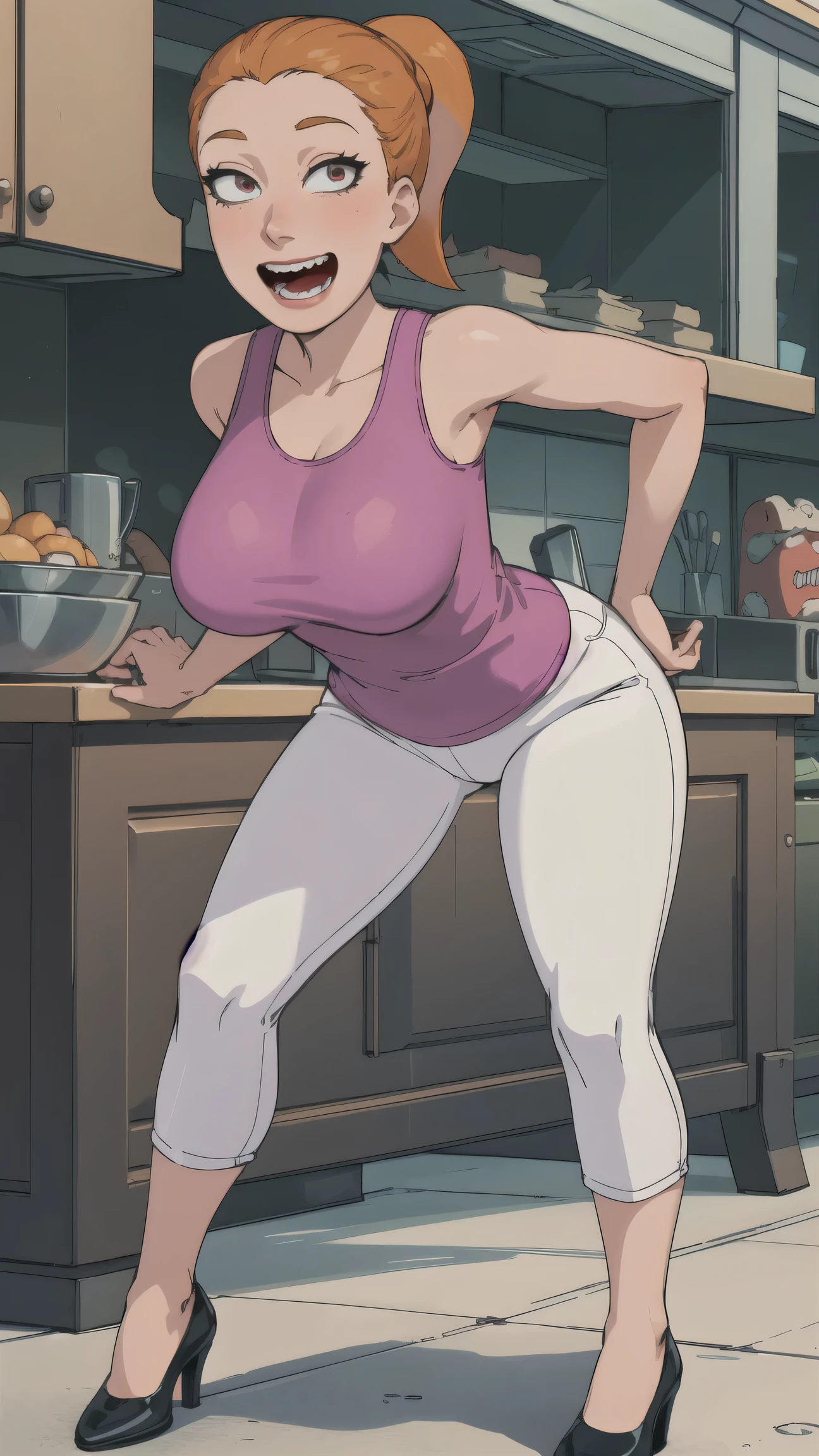 summer.smith, orange hair, 1girl, ponytail, solo, pink tank top, white pants, smile, breasts,looking at viewer, smile,black footwear,open mouth,standing, teeth,      huge breasts