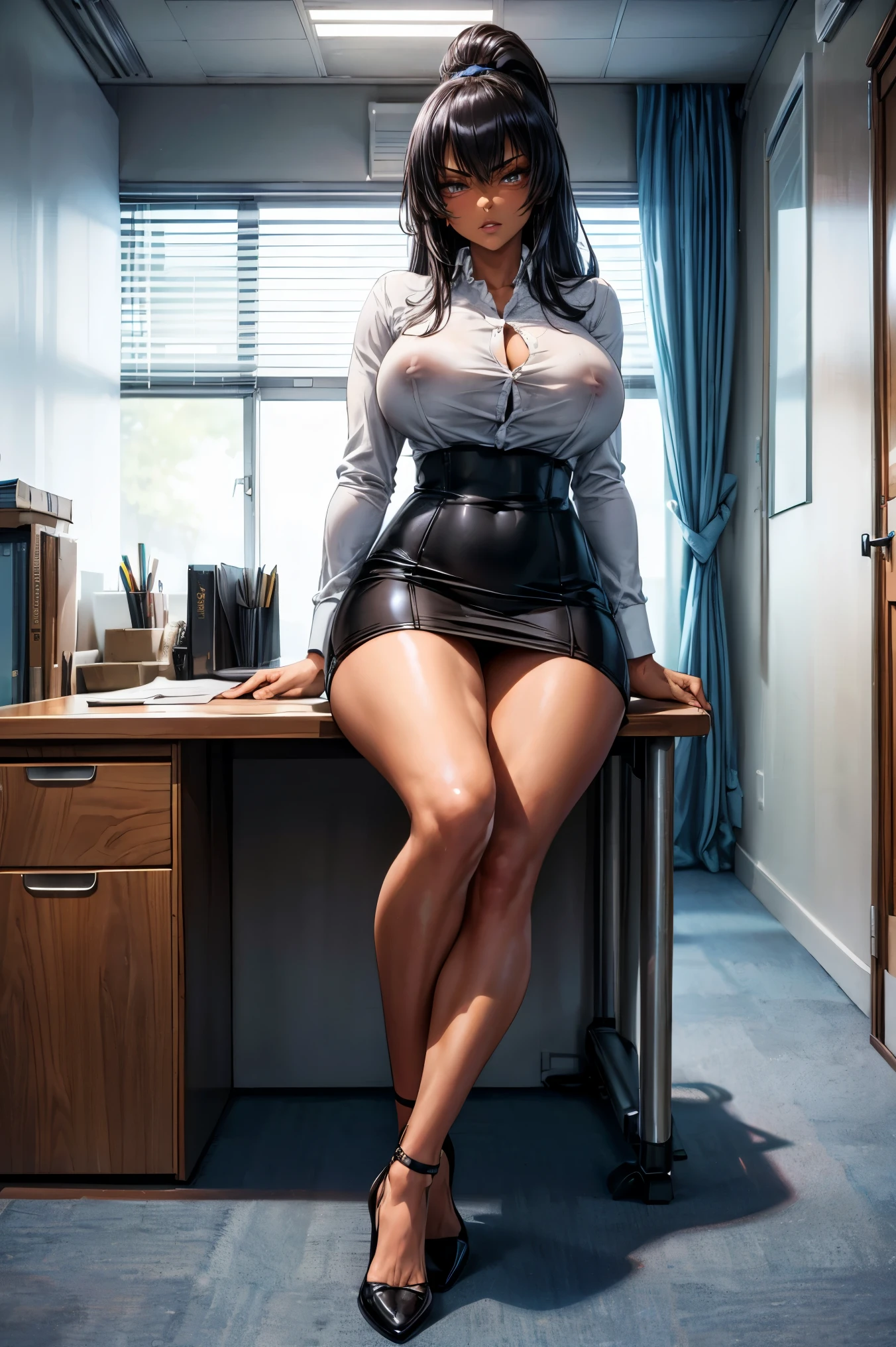 (((((full body))))), (((muscular body))), (((muscular))), masterpiece, best quality, anime, anatomically accurate, detailed face, pretty face, extremely detailed face, ((((1girl)))), (((long hair))), (((long legs))), (((huge breasts))), ponytail haircut, black hair, (((sitting on office desk))), (((dark skin))), big and expressive eyes, (wearing office lady suit with stocking), white shirt, pencil skirt, pantyhose, legs spread, (muscular legs), mesmerizing hair, muscular hips, (Perfect hands and fingers very well detailed), full body photo, in the office corridor, 20 years old, reflection in the eye, dark eyes, anime, Anime Style, cinematic lighting, ray tracing, panorama, Sony FE, high definition, artwork, Anatomically Correct, Textuvermelho Skin, super detail, high quality, high resolution, high definition