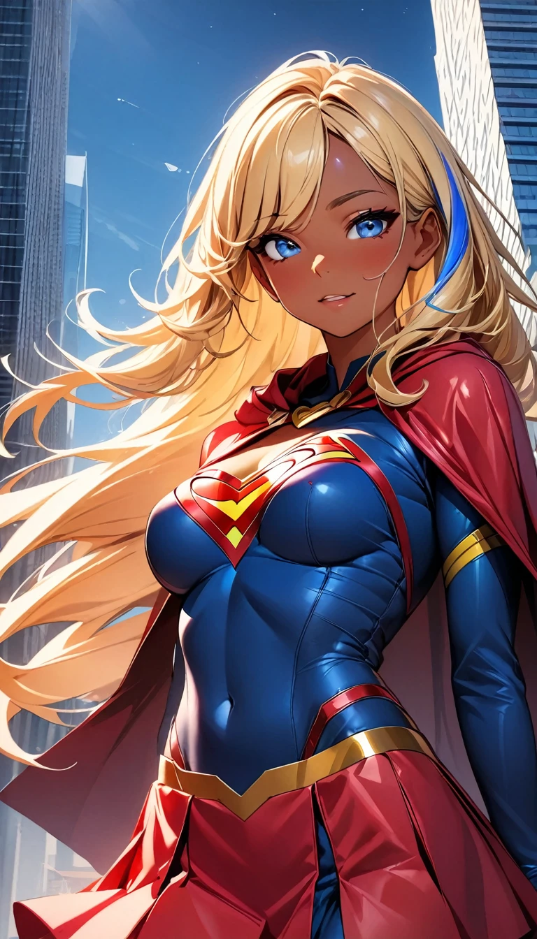 (highest quality:1.2, Very detailed, up to date, Vibrant, Ultra-high resolution, High Contrast, masterpiece:1.2, highest quality, Best aesthetics), Portraiture、girl、slim, Bright colors、Beautiful fine details、Beautiful lip detail、long hair, ((wavy hair:0.4))、messy hair, blonde and blue ((streaked hair:1.3)), highlights hair: 1.3, (medium breast:1), (tan skin:1.3), Supergirl, red cloak, (Flying in the sky:1.5), skyscrapers in the background, during the daytime, , (cowboy shot:1.5),