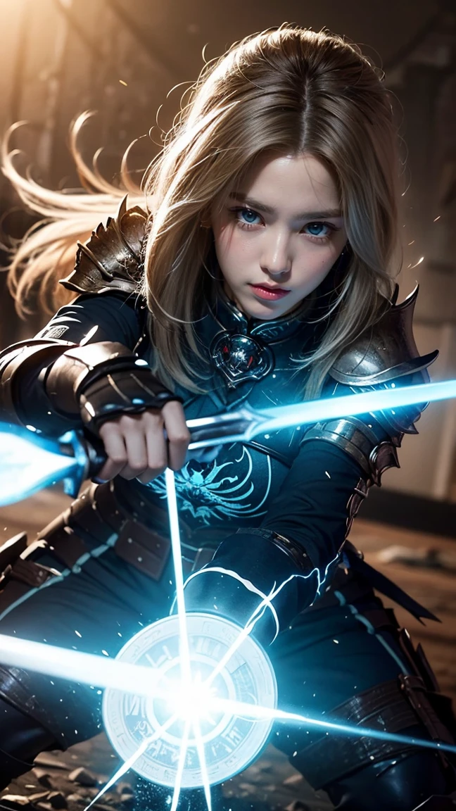 Create an image of Riven in her 'Championship' skin, massive k-cups,adorned in prestigious, battle-worn armor with championship insignias. Riven is activating her 'Blade of the Exile' ability, with her sword glowing a brilliant blue and energy crackling around her as she readies herself for a decisive attack.