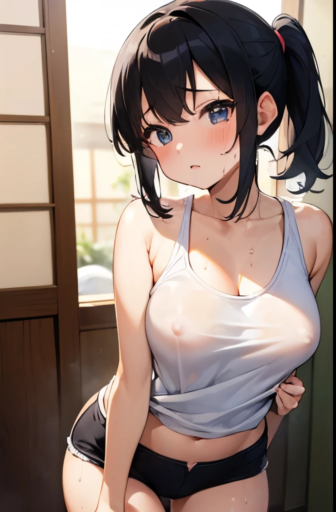 masterpiece, Highest quality, 1 girl, 、Cute Face、Beautiful face in every detail, (Embarrassing、sleepy), Black hair short ponytail、Browsing Caution, (Sweat), White loose camisole、One shoulder exposed、Erect nipples、hot pants、 (Medium Breasted、thin)、((Glancing at one breast、hot pantsが脱げそうです))、Leaning forward pose、Shooting from the side、(Sweat、Sweat)、Wet body,Wet Hair、Voice of the Heart 、Comment with Embarrassing in Japanese、best quality images、Waking up、