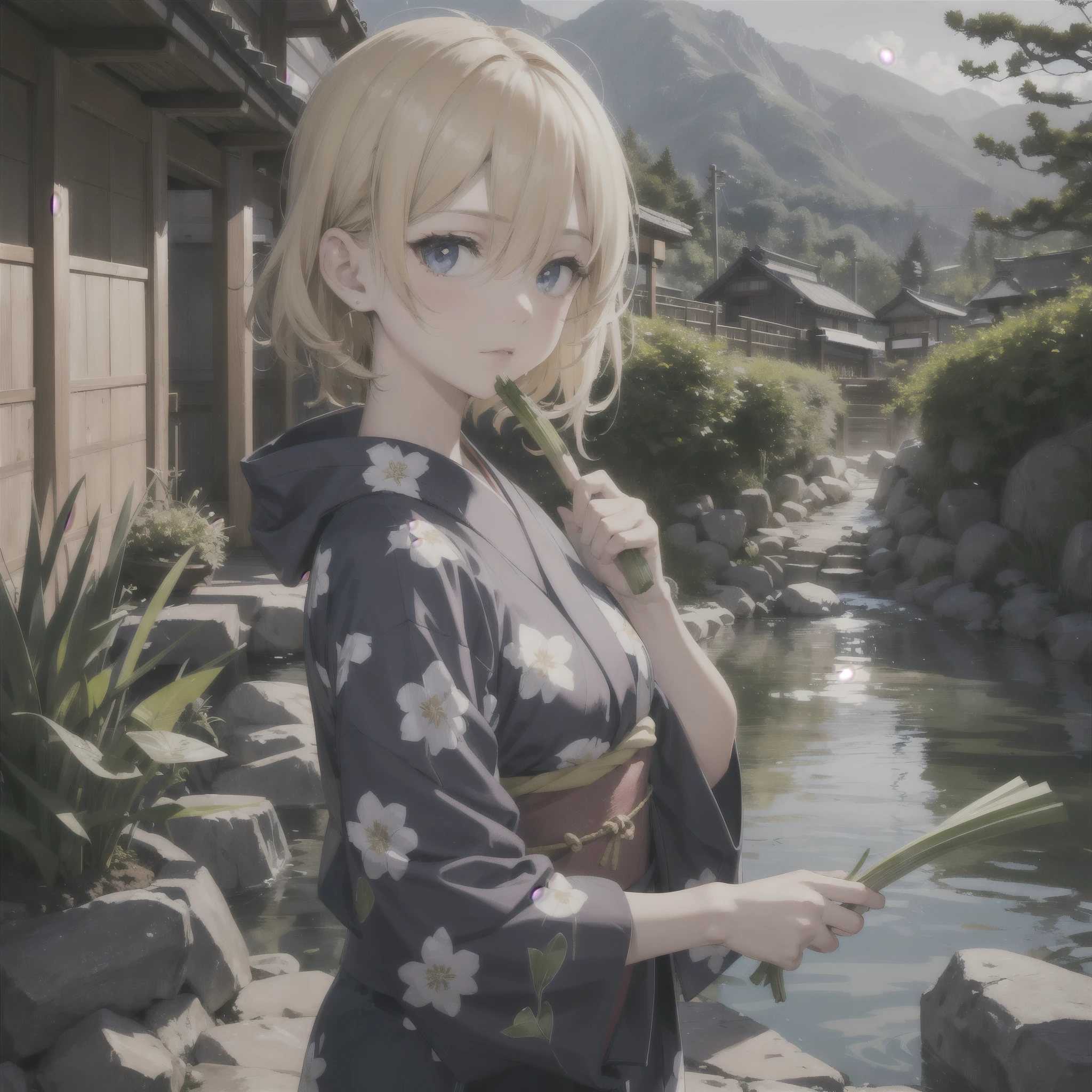 European girl portrait,alone,20-year-old,Beautiful Face,Upper Body,Hair on one eye,Medium Sidecut, Blonde, Sharp focus, Holding a leek in hand, Kusatsu Onsen scenery, Photograph the whole body, Wearing a yukata