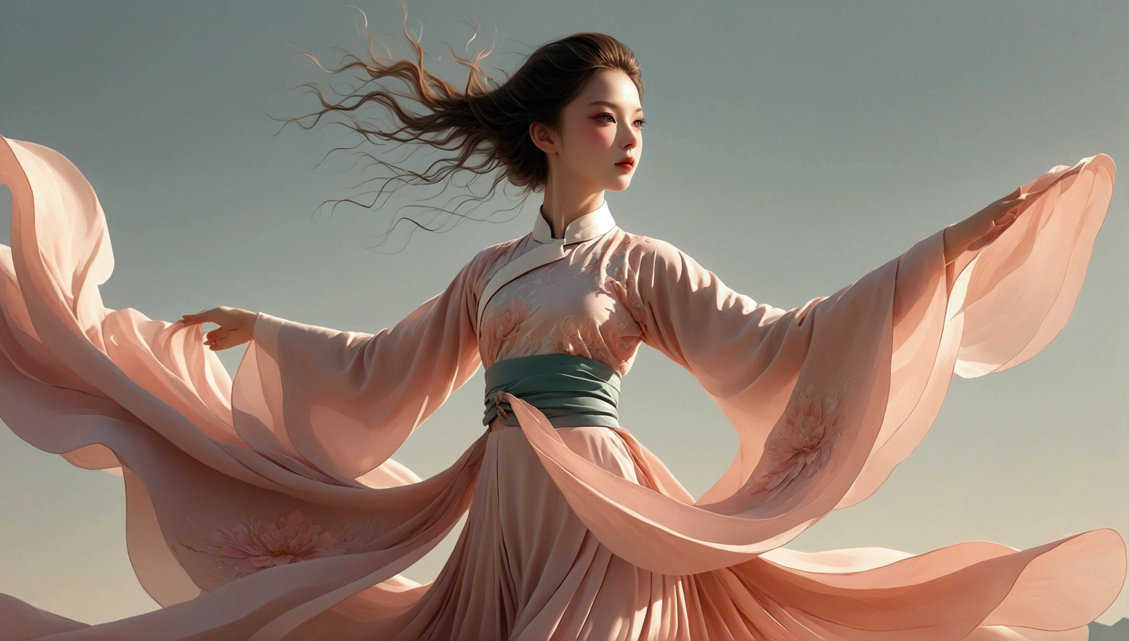 Show full body dance moves；Beautiful dance photography；A little girl，Solitary；A dancing little girl；[Black Eyeball，confidence，High and cold，happy]；[Long skirt elegant style，Long sleeve；Set，Light pink and white gradient，Traditional style，The skirt has no pattern，The hem of the long skirt is like petals covering the background,Petal pattern，The background is petals and skirt,]；[Chinese dance]，[Full body panorama 1.5]，front；Composition：The character is on the right side of the screen；Long hair in the wind,advanced sense,Fashion, Dynamic photography, Loop video, Fascinating movement, captivating visuals, Seamless integration, Compelling storytelling, Vortex phenomenon, Angled form, Dynamic Movement, Bold Geometric Shapes, Fragment shape, sharp contrast, Influence of modernism, nature, , modern Art, Astonishing, Unreal Background, Art from (Alessio Albi:1.1), Soft lighting, happy emotion,(close up, Face Focus), (Fractal Art) Extremely detailed,The most beautiful form of chaos, elegant； Simple style；Minimalism。Panoramic photography；Depth of Field, Extraordinary details, masterpiece, high quality, 4K，cinematic lighting, motion blur, depth of field, sparkle, ray tracing, reflection light, anatomically correct, uhd, textured skin, best quality, super detail, highres, high details, accurate, high quality, award winning