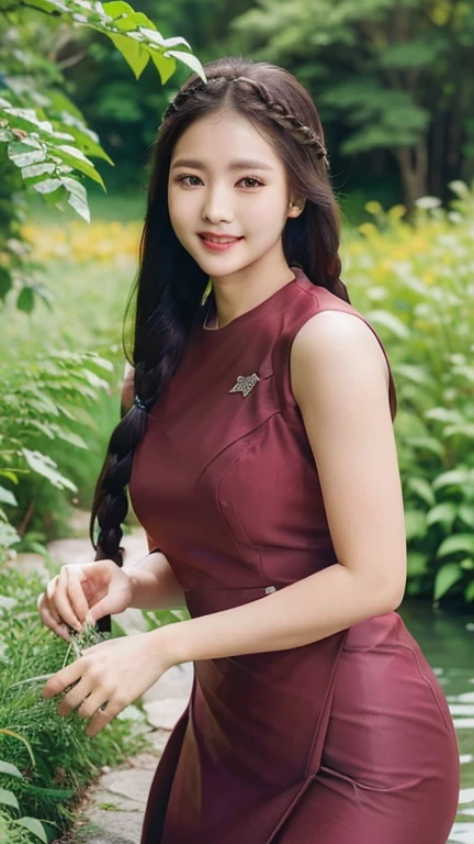 (best quality,4k,8k,highres,masterpiece:1.2),ultra-detailed,(realistic,photorealistic,photo-realistic:1.37),HDR,UHD,studio lighting,ultra-fine painting,sharp focus,physically-based rendering,extreme detail description,professional,vivid colors,bokeh,portrait,beautiful detailed eyes,beautiful detailed lips,extremely detailed eyes and face,longeyelashes,a glamorous woman with braids hairstyle,smiling,dimples,a red dress,posing,colorful flowers garden,a cherry tree,a stream