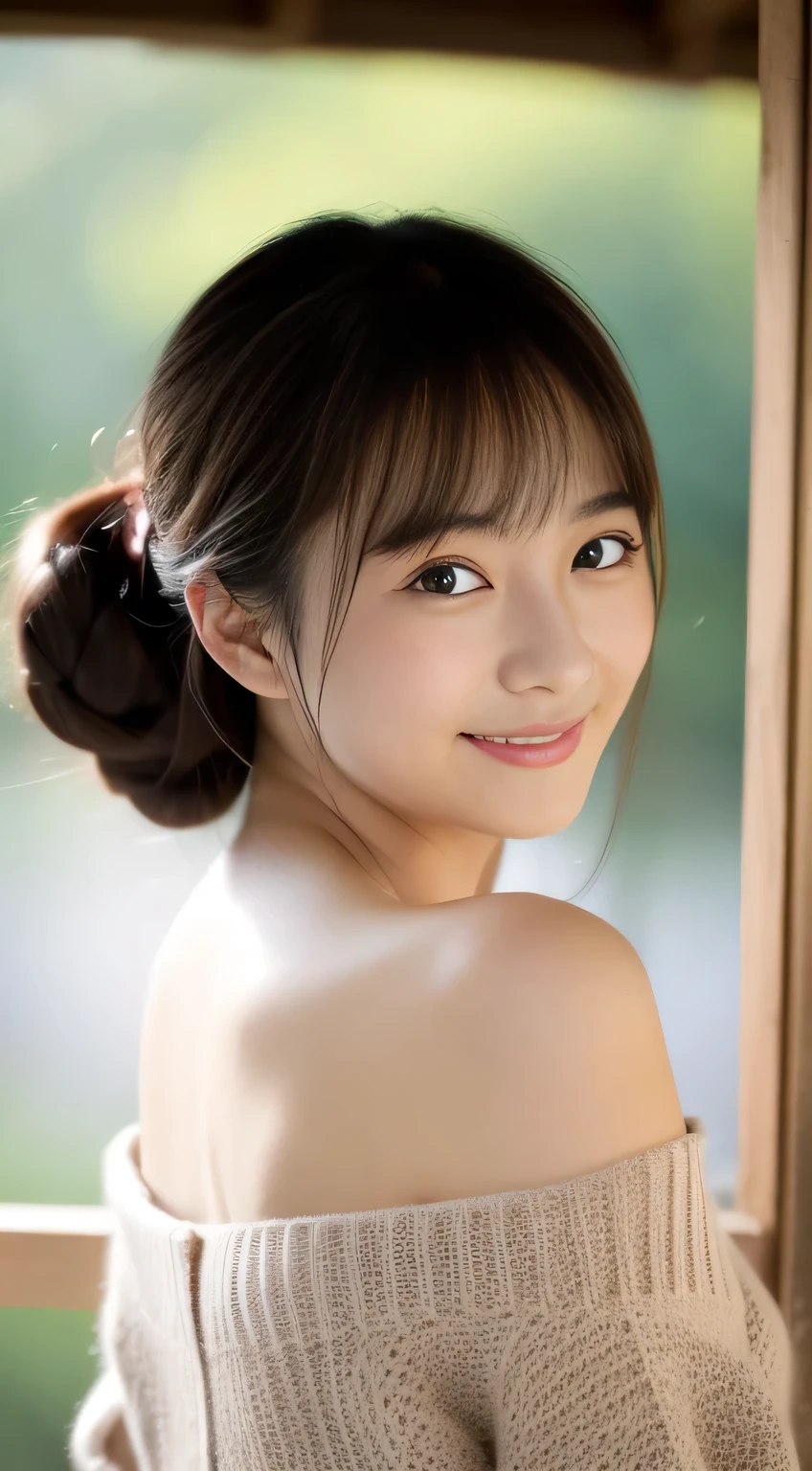 masterpiece,best quality,(Japanese girl),((Beautiful girl)),cleavage,(off shoulder:1.2),(perfect body beauty:1.2),(shy smile),from above