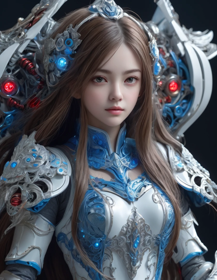 front_view, masterpiece, best quality, Realistic, original photo, (1 girl, looking at viewer), long hair, Machine White Plate, Complex armor, Delicate blue filigree, intricate filaments, red metal parts, Details, dynamic poses, Detailed Background, Dynamic lighting,