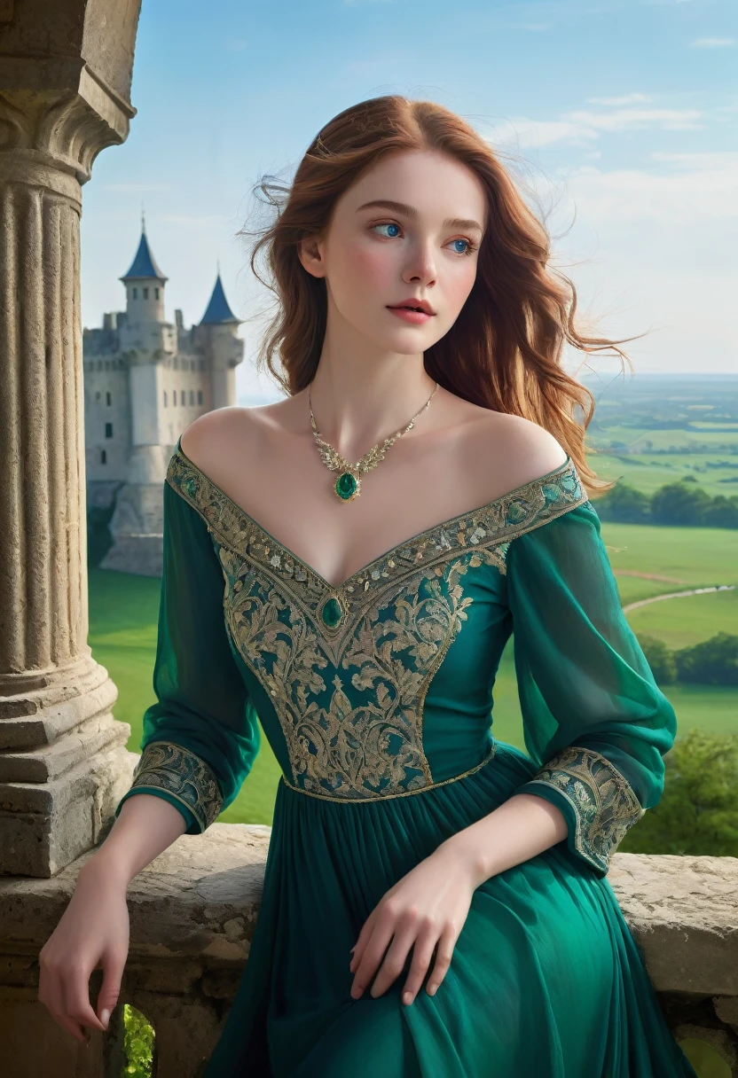 A tall young woman in the bloom of her teenage years, her high cheekbones casting elegant shadows under the cold air of the North, bluest dawn sky . Her thick, soft auburn hair cascades over her shoulders, dancing in the gentle breeze that whispers through the battlements. Her deep blue eyes, filled with a quiet determination, gaze out into the vast, emerald landscape that stretches beyond the castle walls. The battlements, ancient and sturdy, stand tall behind her, a testament to the fortress's storied past. She is leaning against the stones with an air of relaxed confidence, one hand resting on the cold, weathered surface while the other is tucked into the folds of her velvet, wine-colored dress. The fabric clings to her form gently, revealing her slender frame and the subtle curves of her youth. The dress is adorned with intricate embroidery that glitters with gold threads, reflecting the light and adding a regal touch to her attire. A silver necklace with a single emerald stone rests upon her collarbone, drawing the eye to the graceful line of her neck. The soft light kisses her skin, highlighting its porcelain quality and the smattering of freckles that add a dash of charm to her beauty. The scene is suffused with a serene yet expectant atmosphere, as if the young woman is poised on the brink of a grand adventure, waiting for the perfect moment to begin. The vibrant hues of the sky, the verdant fields, and the strong, stoic architecture of the castle create a stunning backdrop that accentuates her poise and the timelessness of her surroundings. Her posture and gaze suggest a deep connection to the land and a quiet understanding of the responsibilities that come with her lineage, hinting at a tale of courage and destiny yet to unfold.