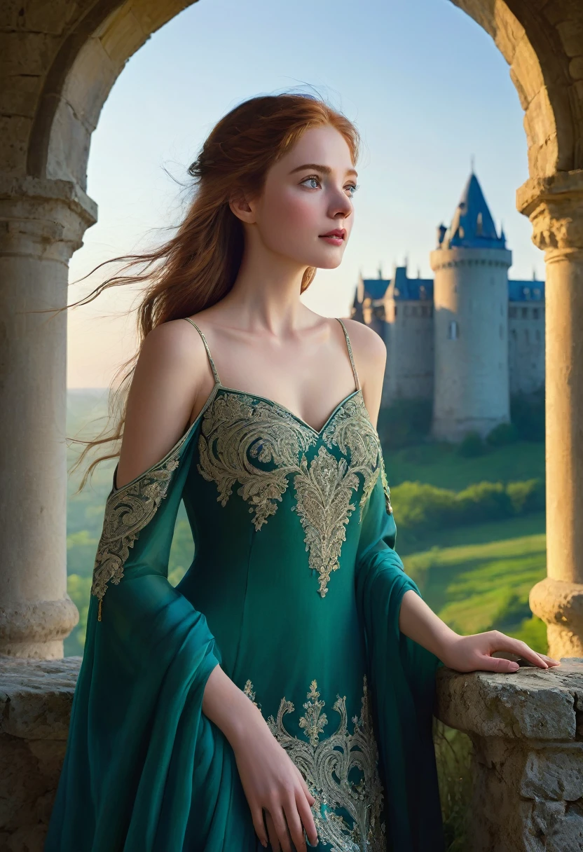 A tall young woman in the bloom of her teenage years, her high cheekbones casting elegant shadows under the cold air of the North, bluest dawn sky . Her thick, soft auburn hair cascades over her shoulders, dancing in the gentle breeze that whispers through the battlements. Her deep blue eyes, filled with a quiet determination, gaze out into the vast, emerald landscape that stretches beyond the castle walls. The battlements, ancient and sturdy, stand tall behind her, a testament to the fortress's storied past. She is leaning against the stones with an air of relaxed confidence, one hand resting on the cold, weathered surface while the other is tucked into the folds of her velvet, wine-colored dress. The fabric clings to her form gently, revealing her slender frame and the subtle curves of her youth. The dress is adorned with intricate embroidery that glitters with gold threads, reflecting the light and adding a regal touch to her attire. A silver necklace with a single emerald stone rests upon her collarbone, drawing the eye to the graceful line of her neck. The soft light kisses her skin, highlighting its porcelain quality and the smattering of freckles that add a dash of charm to her beauty. The scene is suffused with a serene yet expectant atmosphere, as if the young woman is poised on the brink of a grand adventure, waiting for the perfect moment to begin. The vibrant hues of the sky, the verdant fields, and the strong, stoic architecture of the castle create a stunning backdrop that accentuates her poise and the timelessness of her surroundings. Her posture and gaze suggest a deep connection to the land and a quiet understanding of the responsibilities that come with her lineage, hinting at a tale of courage and destiny yet to unfold.