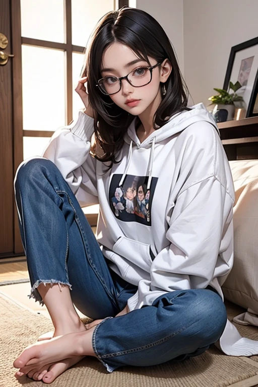 There is a woman sitting cross-legged on the floor...., Wearing glasses, Wearing glasses on, Japanese Model, Wearing glassesいた, a surreal , Wearing square glasses, Without glasses, A real young gravure idol, Geeky look, Wearing glassesいる, Young and sexy gravure idol, surreal , Yoshitomo Nara, White hoodie, Read comics,Denim pants, I like manga,Mole under the left eye,Cute Freckles,barefoot,Facing forward,Watching the audience,