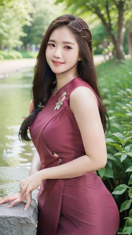 (best quality,4k,8k,highres,masterpiece:1.2),ultra-detailed,(realistic,photorealistic,photo-realistic:1.37),HDR,UHD,studio lighting,ultra-fine painting,sharp focus,physically-based rendering,extreme detail description,professional,vivid colors,bokeh,portrait,beautiful detailed eyes,beautiful detailed lips,extremely detailed eyes and face,longeyelashes,a glamorous woman with braids hairstyle,smiling,dimples,a red dress,posing,colorful flowers garden,a cherry tree,a stream