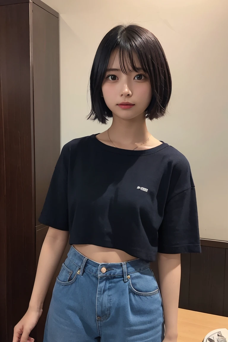 a photo of a dark-haired,One Girl,alone,short hair,whole bodyが映し出される、whole body,good、