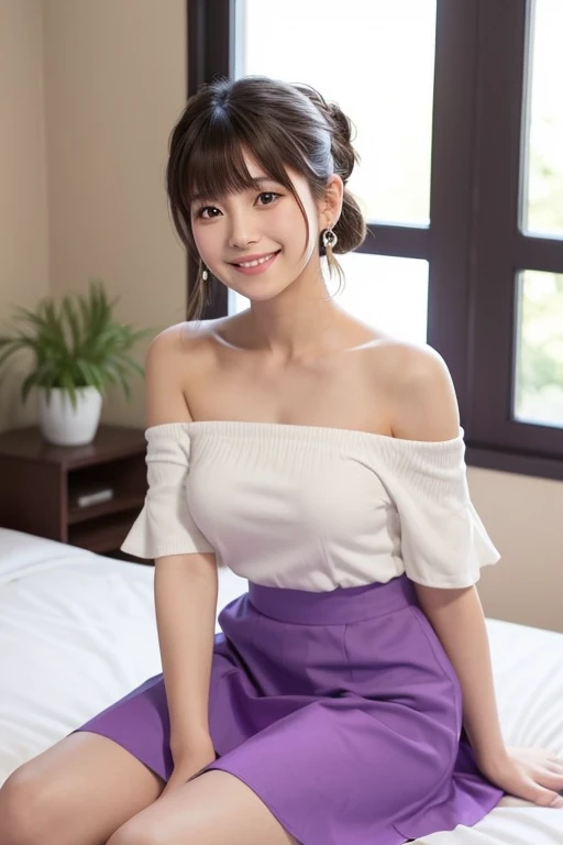 Japanese beauty, wearing a white top and purple skirt in a round neck off the shoulder style with solid colors and no patterns on her upper body. She has delicate skin, bangs hair with two ponytails, and earrings. She is sitting in front of a bed, smiling for a fullbody photo taken in natural light.