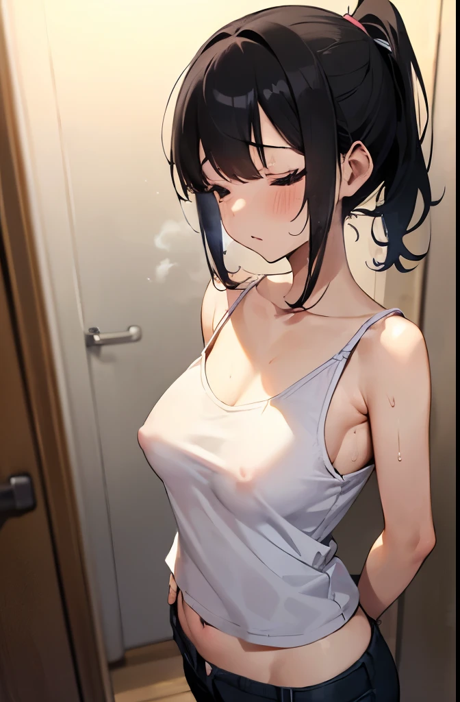masterpiece, Highest quality, 1 girl, 、Cute Face、Beautiful face in every detail, (Embarrassing), Black hair short ponytail、Browsing Caution, (Sweat), White loose camisole、One shoulder exposed、Erect nipples、hot pants、 (Medium Breasted、thin)、((Glancing at one breast、hot pantsが脱げそうです))、Leaning forward pose、Shooting from the side、(Sweat、Sweat)、Wet body,Wet Hair、Voice of the Heart 、日本語でEmbarrassingとコメント、Highest quality画像、((Sleeping and waking up、grow taller))