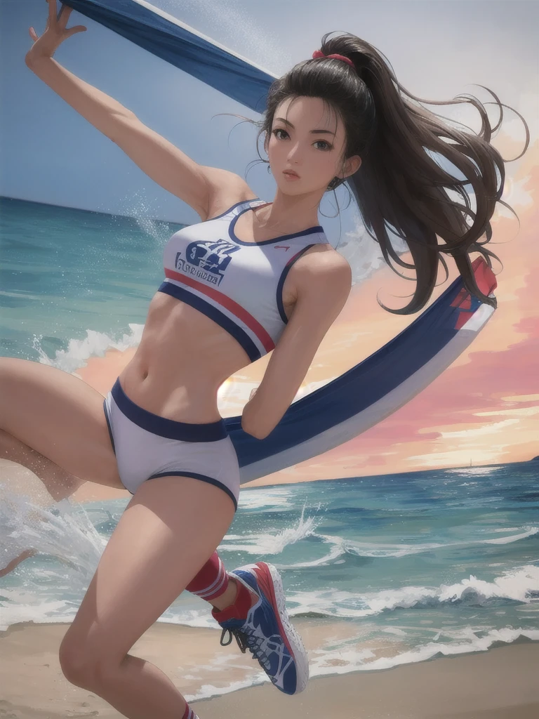 Beach volleyball player, realistic, best quality, ultra high resolution, a woman, thin waist, skinny body, Pretty Japanese Girl, whole body, long legs, perfect body beauty