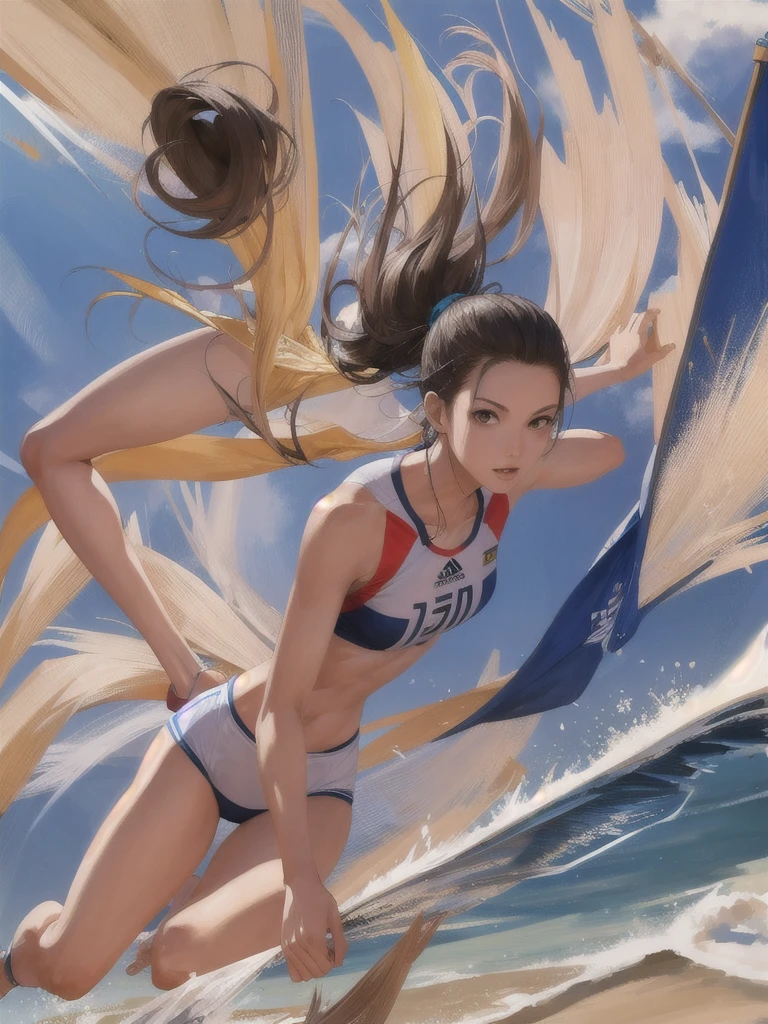 Beach volleyball player, realistic, best quality, ultra high resolution, a woman, thin waist, skinny body, Pretty Japanese Girl, whole body, long legs, perfect body beauty