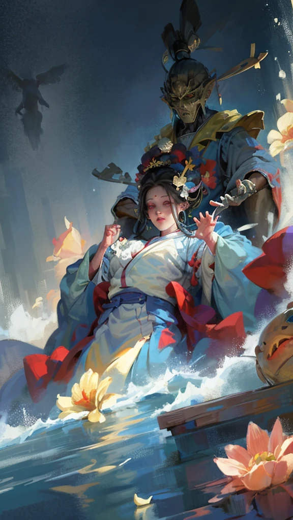 Highest quality, Pixiv, Black Hair, hair ornaments, kimono, hair flower, flower, kimono, mask, One girl, Sitting, Long Hair, with own hands, View your viewers, 6+boy, pray, multiple boy, Flower pattern print, Wide sleeves, chiaroscuro, cinematic lighting, (masterpiece:1.2), UHD, high details, best quality, highres, 8k