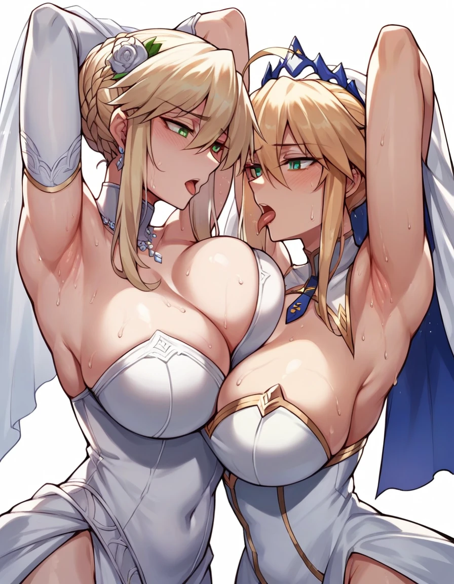 2 girl, Artoria Pendragon lancer (fate grand order), white dress, bride, big breast, bare shoulders, arms up, armpits, licking armpits, sweat drop, very sweaty