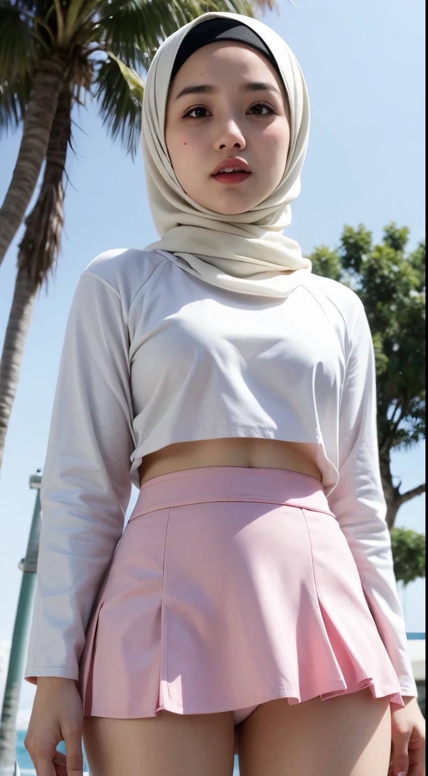 Malay girl, hijab, White skirt, pink miniskirt, thighs exposed,white panties,shooting from below,wind from below,sky,