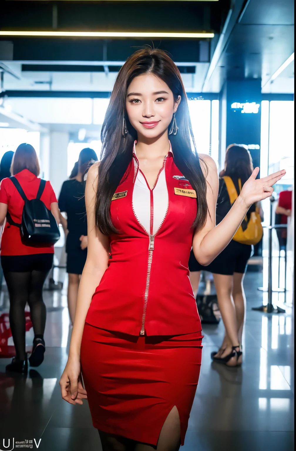 (8k, raw photo, best quality, masterpiece:1,2), (realistic, photorealistic:1,37),long shot,1 girl,smiling, ulzzang-6500-v1.1, in AIRASIA UNIFORM, high heels and with D20, pretty, in the airport lounge, professional lighting, photo mapping, brightness, physical rendering, ultra-realistic skin