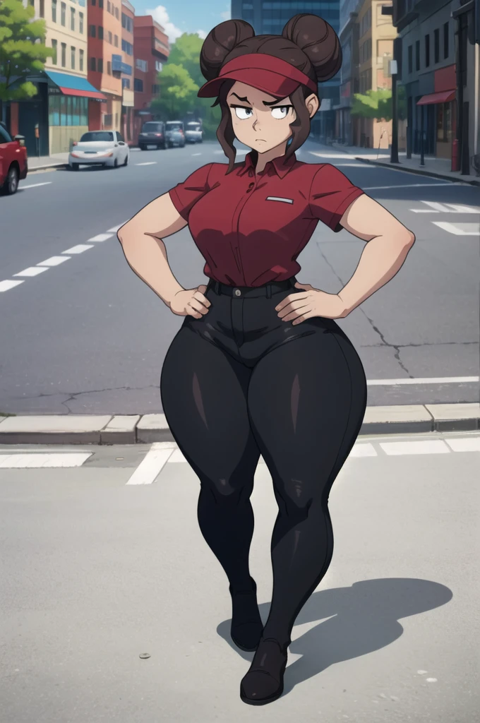 (masterpiece:1.4), (Best quality), (detailed), (8 K), fools, (One, 1 girl, cowboy shot), (sidewalk, city), the boss, (black eyes:1.2), , (wide hips, thick thighs:1.3), (dark skin:0.8), Brown hair, sidelocks, double bun, visor, red headdress, collaRed shirt, Red shirt, Short sleeves, black jeans, shirt tucked in, white male, naked, big cock, anal sex, BIG ASS