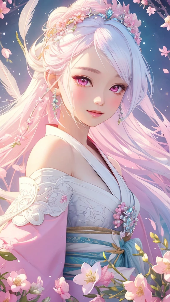 Dazzling colorful lights,Intricate details,Face close-up,Pale pink eyes and white hair with crystal details,Beautiful woman,White flowers in her hair,Pale skin,Light background,Fantasy art style,Fantastic illustrations of Kawashi,pastel colour,Inspired by anime aesthetics,Ethereal Light,Fantasy Style,clavicle,Exposed shoulders,Floating Feather,Shining in a variety of colors,In anime style.,Side angle of view,Ultra-high resolution,Textured skin,Attention to detail,Highest quality,Highest quality,Facing forward、Put on your kimono and face forward、Face forward with your whole body、Gaze, Open your mouth, Character portrait, Look at this, Make eye contact、Overall, forward-looking、Facing forward as if speaking、smile,