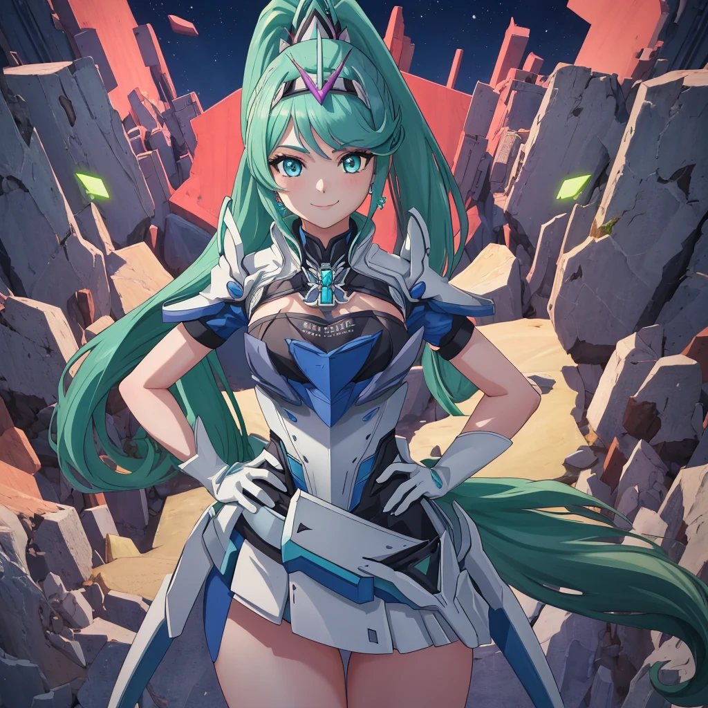 masterpiece, Highest quality, One girl, alone, Pneumadef, ponytail, tiara, Earrings, Chest jewels, armor, gloves, Hands on hips, View your viewers, smile