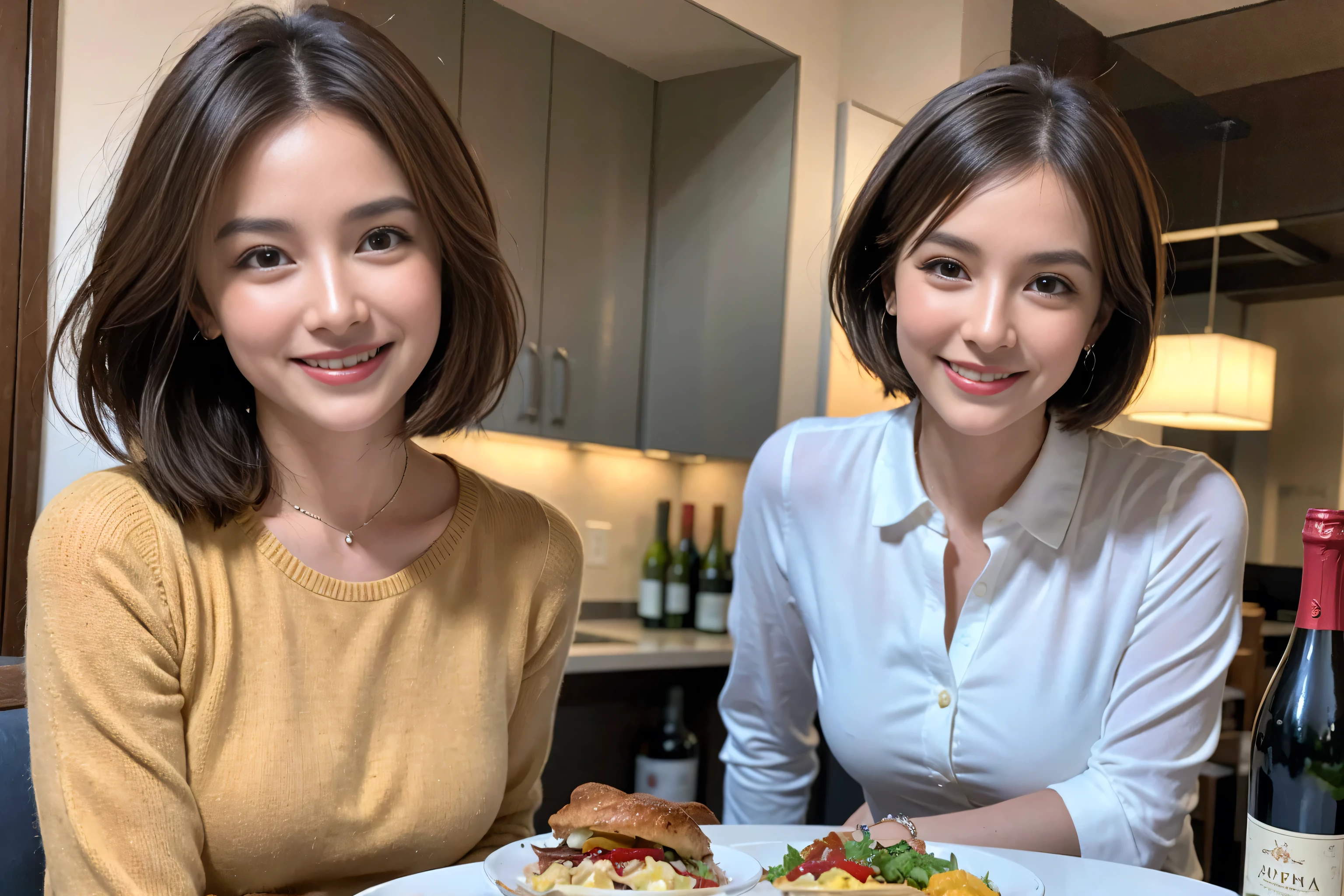 (Realistic:1.1),(masterpiece,Highest quality),8k,(49 years old), 53 years old, slimカップル、Tight waist,Upper Body,full-course dinner、wine 、Amazing view of the sunset sky and clouds、Perfect Anatomy, Brown Hair, short hair,Random Hairstyles,((Highly detailed face and eyes:1.2)),Perfect golden ratio face,Long sleeve shirt、dress,(smile:1.2)、Shortcuts、cute、(Realistic, Intricate details:1.2), A bright smile、short hair,Bright Face、赤wine 、Appetizers、Italian food、wine bottle、Champagne、スパークリングwine、(slimな顔), (The body is slim), (Brown Hair), (Shortcuts), Upper Body, 白wine, slim, wineグラス,