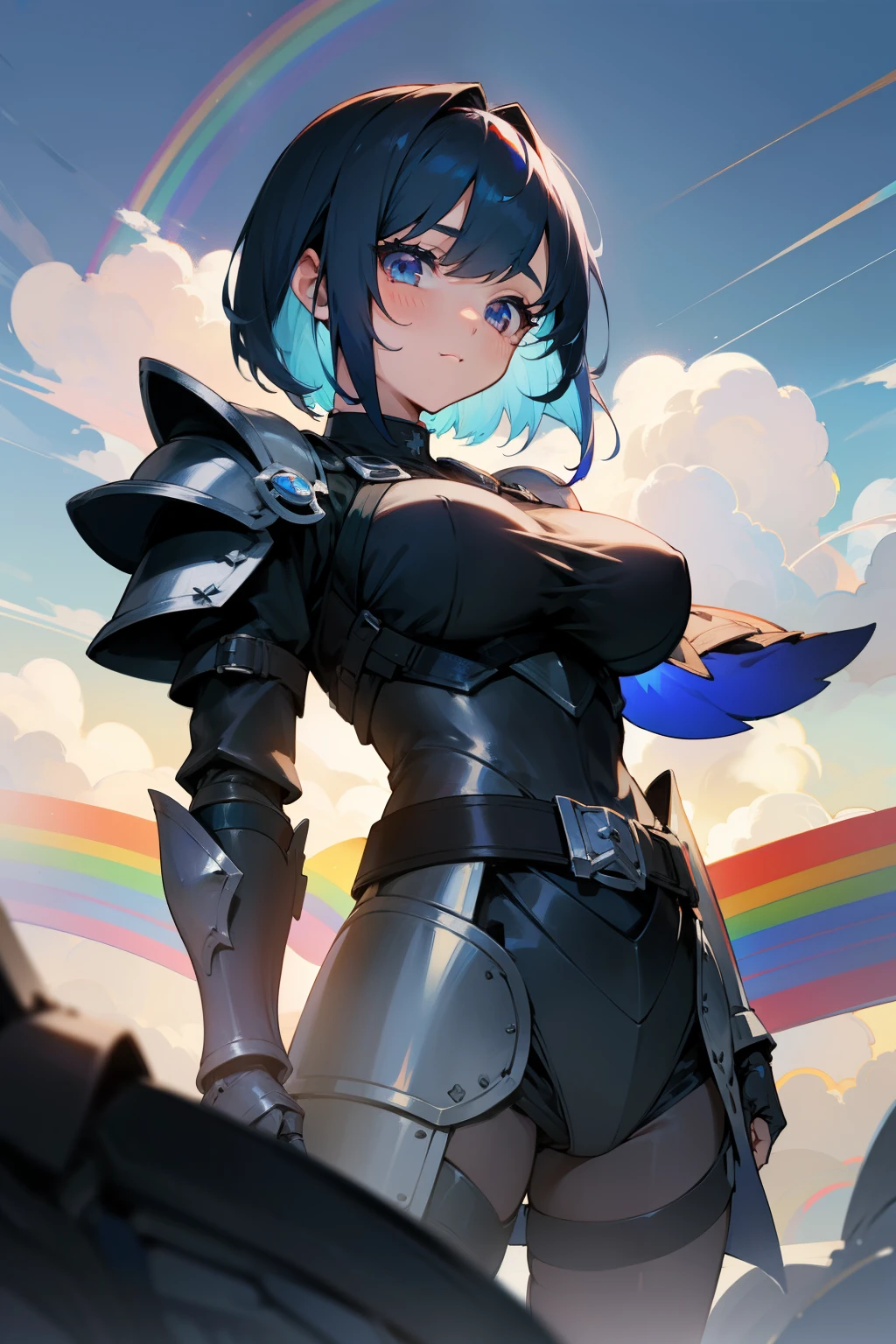 Cute girl, short blue hair, white eyes, black armor, covering her entire body, big breasts, black belt, rainbow-colored clouds in the background, black armor, rainbow-colored clouds