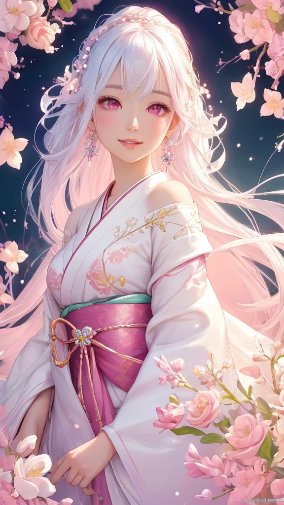 Dazzling colorful lights,Intricate details,Face close-up,Pale pink eyes and white hair with crystal details,Beautiful woman,White flowers in her hair,Pale skin,Light background,Fantasy art style,Fantastic illustrations of Kawashi,pastel colour,Inspired by anime aesthetics,Ethereal Light,Fantasy Style,clavicle,Exposed shoulders,Floating Feather,Shining in a variety of colors,In anime style.,Side angle of view,Ultra-high resolution,Textured skin,Attention to detail,Highest quality,Highest quality,front、Look forward、Wearing a kimono and staring at me