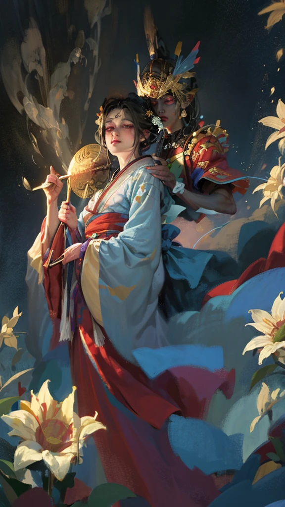 Highest quality, Pixiv, Black Hair, hair ornaments, kimono, hair flower, flower, kimono, mask, One girl, Sitting, Long Hair, with own hands, View your viewers, 6+boy, pray, multiple boy, Flower pattern print, Wide sleeves, chiaroscuro, cinematic lighting, (masterpiece:1.2), UHD, high details, best quality, highres, 8k